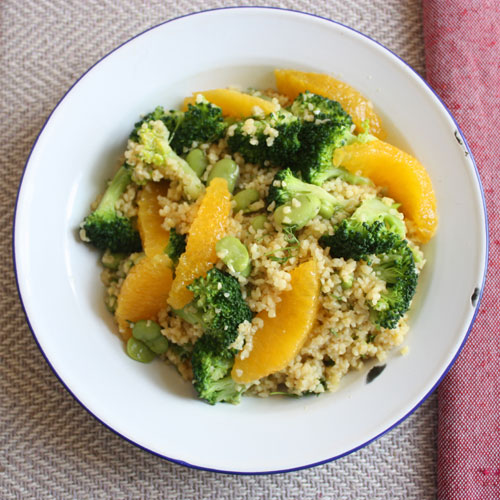 Orangey bulgar wheat salad with baked chicken