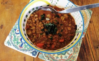 Lentil Soup topped with Crispy Kale