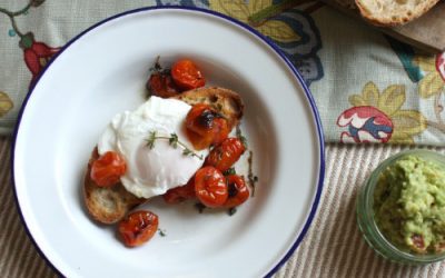 Poached eggs with roasted thyme tomatoes