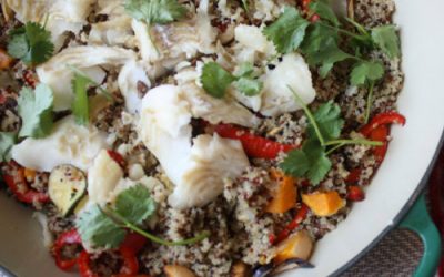 Quinoa with Roasted Veg and Cod with wilted spinach, & long stemmed broccoli