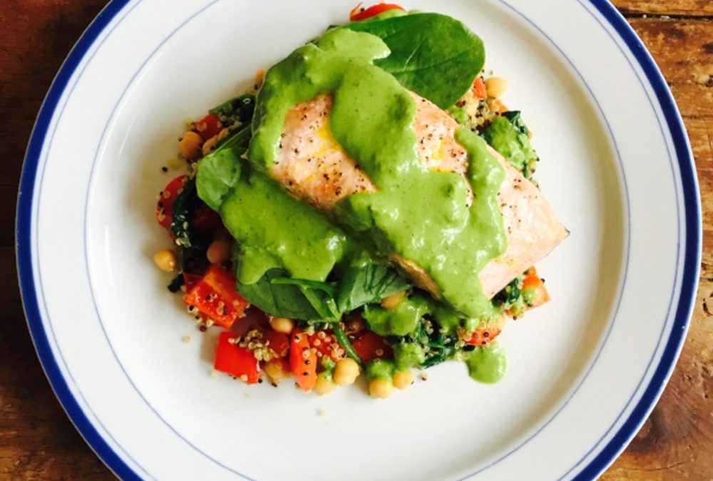 Grilled salmon with brazil nut and spinach pesto with quinoa salad