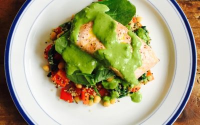 Grilled salmon with brazil nut and spinach pesto with quinoa salad