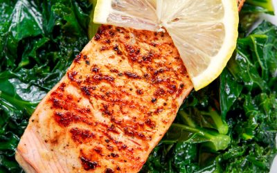 Warm salmon, kale, sesame & ginger salad