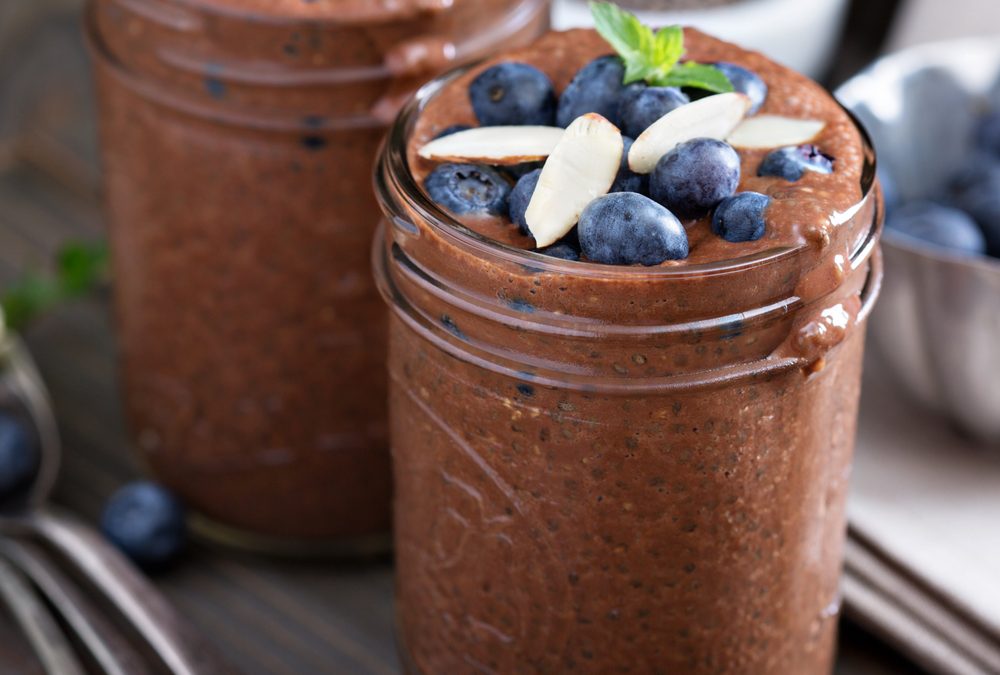 Chocolate chia puddings with almonds & blueberries