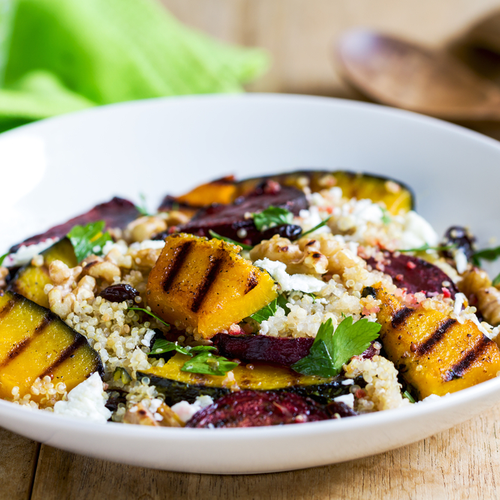 Quinoa with grilled pumpkin and beetroot salad