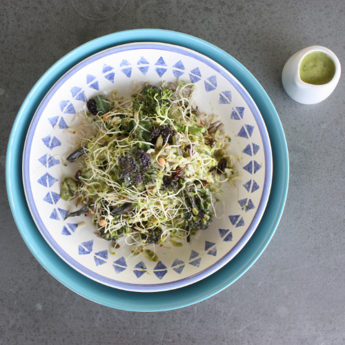 Sprouted rice and broccoli salad with avocado & basil dressing