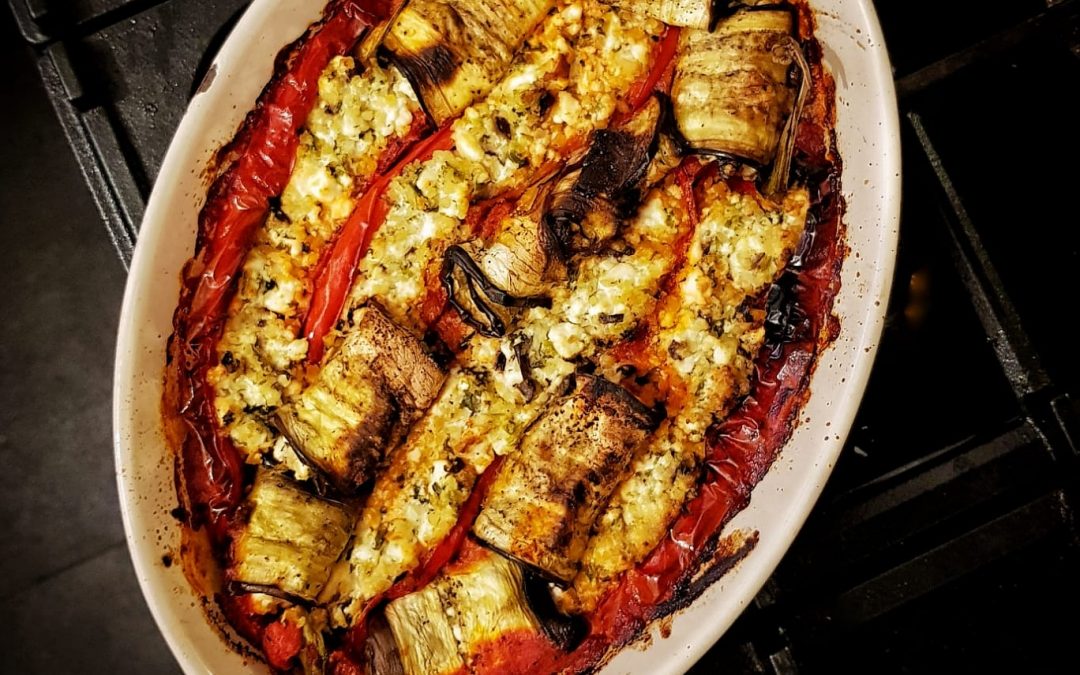 Feta stuffed Romano peppers and aubergine