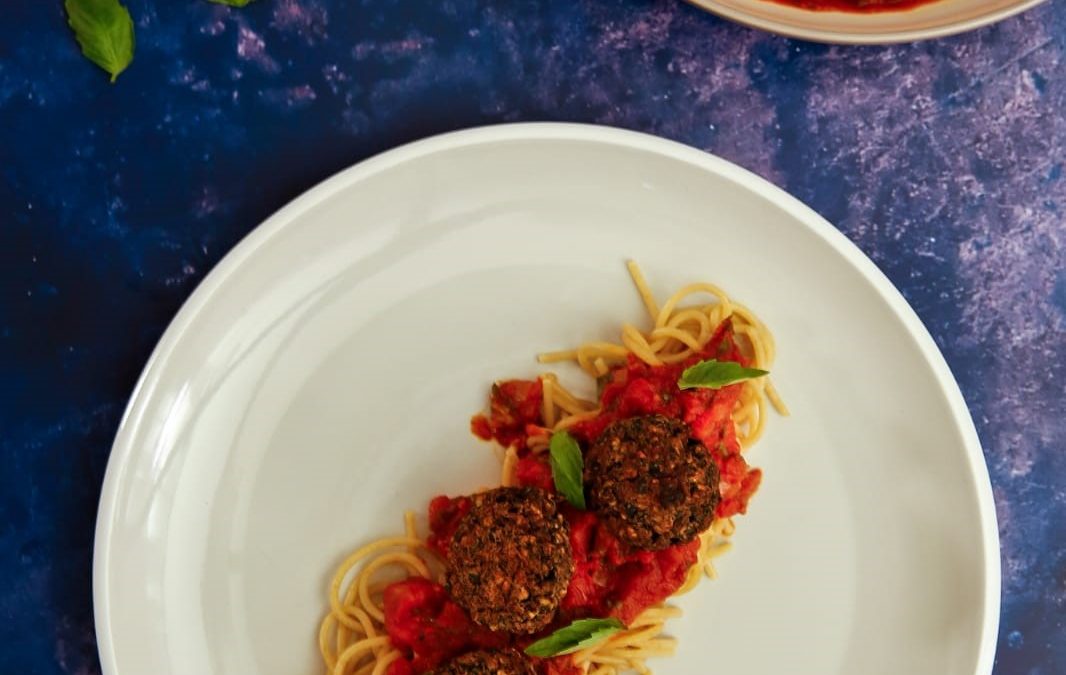 Cavalo nero and mushroom meat-free balls with a rich tomato sauce