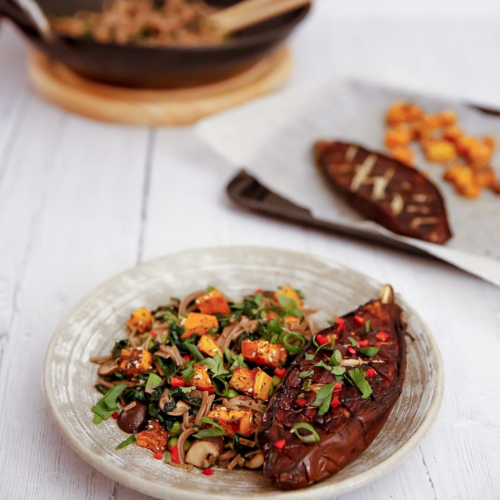 Miso aubergine with soba noodles