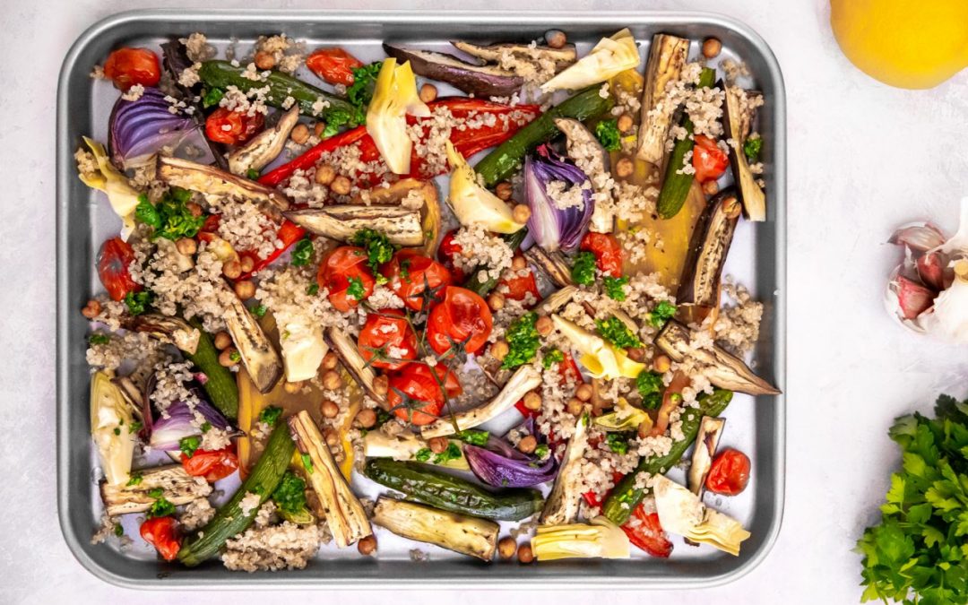 Mediterranean vegetable tray bake with salsa verde